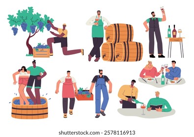 Funny people make and drink wine. Alcoholic beverages production, cute winemakers, tasters characters, grape harvest, sommelier, vector set