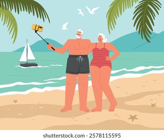 Funny people making selfie. Happy elderly couple takes picture on beach, sea holidays, front smartphone camera shooting, vector illustration