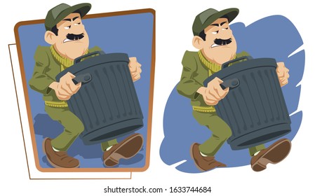 Funny people. Man carries garbage tank.