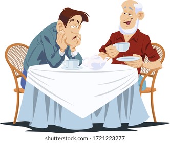 Funny people. Men in cafe. Sad and cheerful. 