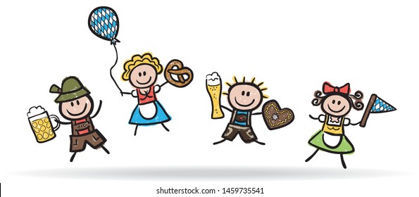 Funny people with oktoberfest symbols leaping for joy - hand drawn