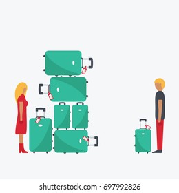 funny People & passengers cartoon with suitcases or luggage. male & female with many baggage. Difference between woman & man isolated. american tourist in holiday. shopping abroad 