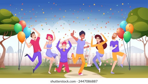 Gente divertida. Personas en acción posa gestos positivos Vector exacto fondo de dibujos animados