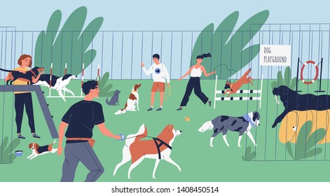 Funny people playing with dogs at playground, yard or park. Happy men and women training domestic animals outdoors. Owners walking with their playful pets. Flat cartoon colorful vector illustration.