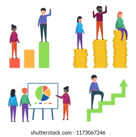 Funny people posing with various charts and diagrams. Man and woman standing on coins stack, climbing career ladder. Flat style vector illustration