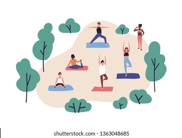 Funny people practicing yoga in park. Group of cute men and women performing gymnastic exercise outdoor. Aerobics training, fitness or sports activity. Flat cartoon colorful vector illustration.