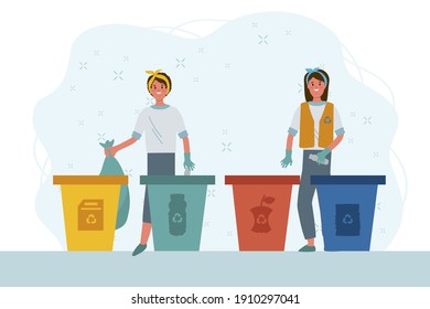 Funny people putting garbage in trash cans. Sorting garbage into dumpsters or barrels. A set of happy women practicing garbage collection, sorting, and recycling. Flat cartoon life without plastic