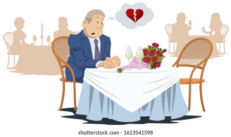 Funny people in restaurant. Lonely unhappy man in cafe. Vector. Stock illustration. 