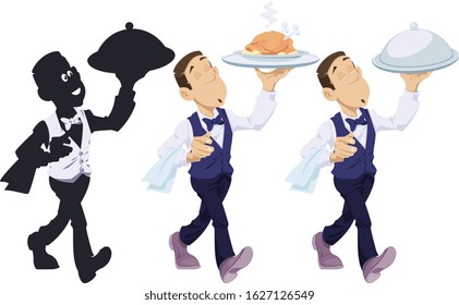 Funny people in restaurant. Waiter with an order. Vector. Stock illustration. 
