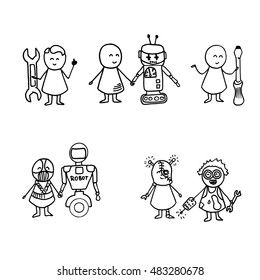 Funny people and robots icons. Doodle technology set. Vector hi tech Illustration.