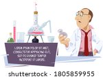 Funny people. Scientist chemist analyzes laboratory flask.