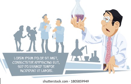 Funny people. Scientist chemist analyzes laboratory flask.