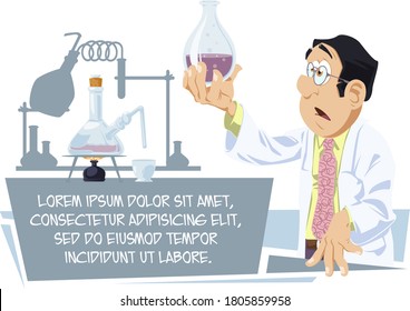 Funny people. Scientist chemist analyzes laboratory flask.