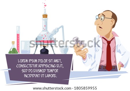 Funny people. Scientist chemist analyzes laboratory flask.