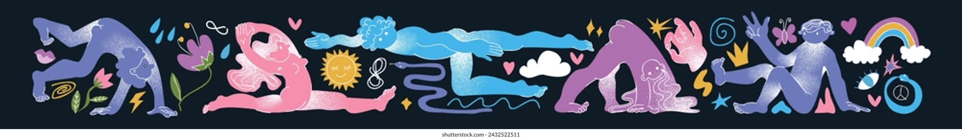 Lustige Leute. Formfläche, Geometrie, Blob-Formen. Blumen-Kritzel, Silhouette dunkle Doodle-Stil Zeichnung, Kubismus minimale Banner, abstrakte trendige Form. Vektor Männer und Frauen, niedliche nackte Körper Vektor-Grafik