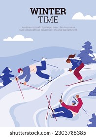 Funny people skiing and falling on snowy downhill, winter time poster - flat vector illustration. Men and women skiing in mountains. Ski resort advertising banner.