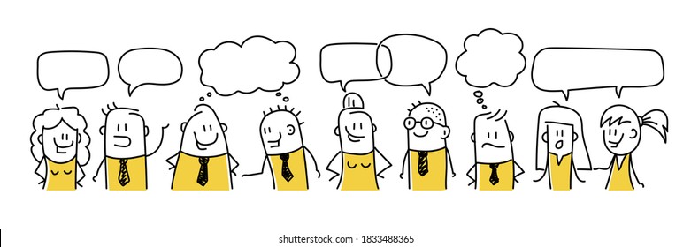 Funny people with speech bubbles. Hand drawn vector illustration.