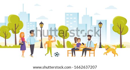 Funny people spending time together in park. Happy family with son playing football, father and daughter sitting on bench and talking, dog running along street. Flat cartoon vector illustration.