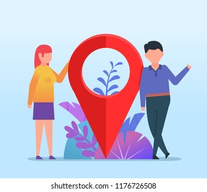 Funny people stand near big location point icon. Change business location. Business poster, card for presentation, social media, banner, web page. Flat design vector illustration