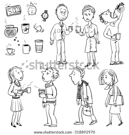 Funny people struggling without coffee