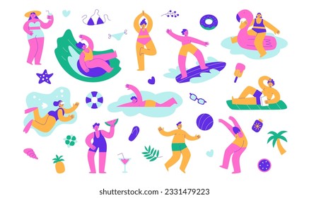 Funny people swim, sunbathe and have fun on vacation. A set of summer elements. Vector flat illustration