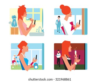 Funny people taking picture with mobile phone and cartoon people amuse themselves with making selfie photo on phone. Cartoon people are photographed on a mobile phone.