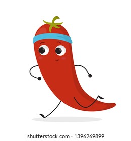 Funny pepper character doing workout in the gym, jogging. Fitness exercise for health. Idea of healthy and active lifestyle. Vector illustration in cartoon style