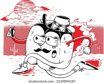 Funny pepper retro cartoon characters set. Modern label with cute comics characters. Hand drawn doodles of comic mascot. Set in modern