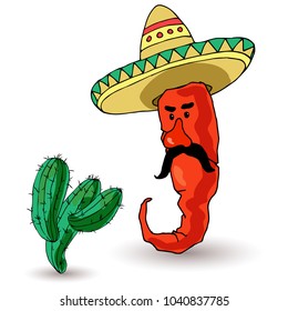 A funny pepper in a sombrero and cactus. Mexican traditions. Vector illustration