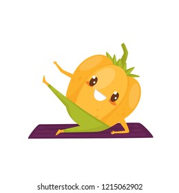 Funny pepper working out on an exercise mat, sportive vegetable cartoon character doing fitness exercise vector Illustration on a white background