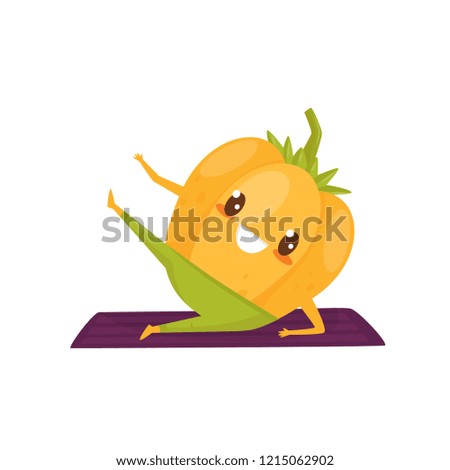 Funny pepper working out on an exercise mat, sportive vegetable cartoon character doing fitness exercise vector Illustration on a white background