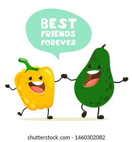Funny peppers and avocados stand together holding hands. Handler for text with handwriting, lettering. Vector characters in cartoon style on a white background.