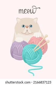 Funny Persian cat with threads. Cartoon design.
