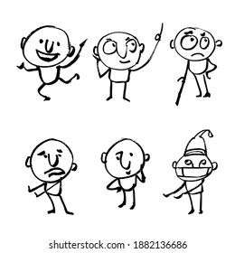 Persona divertida con diferentes emociones. Un conjunto de caracteres dibujados a mano. Ilustración del vector