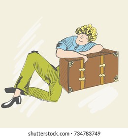 A funny person sleeping on a suitcase. A blond man is tired. A people leaned on the bag, he waited a long time for someone. Perhaps a teenager is listening to music. Sketch style. Vector illustration