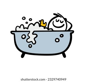 Funny person taking bath in hot water. Vector illustration of happy stickman and yellow duck toy. Doodle cartoon stick man character isolated on white background. 