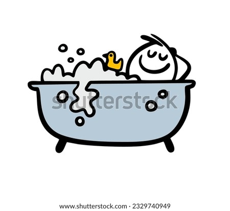 Funny person taking bath in hot water. Vector illustration of happy stickman and yellow duck toy. Doodle cartoon stick man character isolated on white background. 