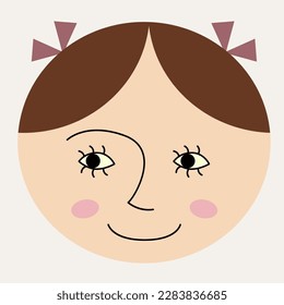 Funny personage, feminine guise. Social network, cutely girlish face with simple haircut. Mascot design, flat illustration, cute shape. Isolated on white
