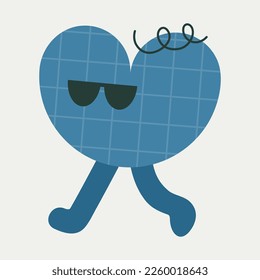 Funny personage, groovy small man. Simple character, blue checkered, goes to the left. Cartoon icon, face emotion, cute mascot. Isolated on white

