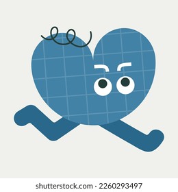 Funny personage, strange body. Social network, blue checkered, runs to the right. Mascot design, flat illustration, cute shape. Isolated on white
