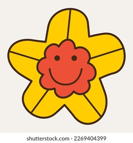 Funny personage, summer floret. Simple character, five-petalled flower optimistic. Cartoon icon, face emotion, cute mascot. Isolated on white
