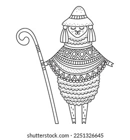 Funny peru llama. Farm animal wearing hat and ornate poncho. Cute alpaca shepard. Coloring page. Cartoon vector illustration for kids and adults. Outlined drawing. Black and white colors. Isolated