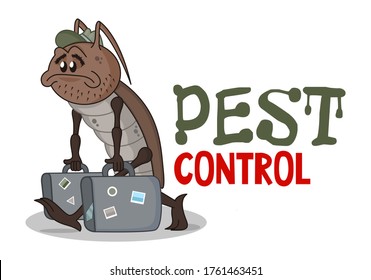 Funny pest control concept with sad homeless cartoon cockroach. Design for print, emblem, t-shirt, sticker, logotype, corporate identity, icon.