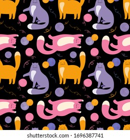 Funny pet cat playing with a ball. Flat vector seamless pattern.  Hand drawn cartoon cute pet. Kittens play with with threads. Scandinavian decorative textiles, Wallpaper, wrapping paper design idea 