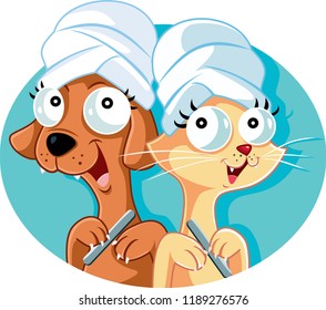 Funny Pet Grooming Salon Vector Logo. Cat and dog with head towels doing their manicure
