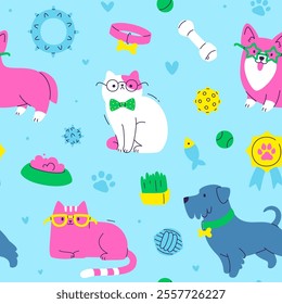 Funny pet pattern with accessories. Seamless vector cartoon print with cute dogs and cats.