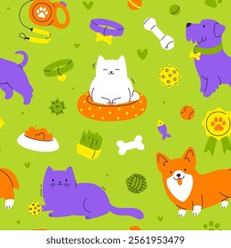 Funny pet pattern with accessories. Seamless vector cartoon print with cute dogs and cats on grass.