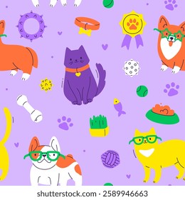 Funny pet pattern with accessories. Seamless vector cute print with cute dogs and cats.