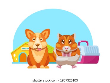 Funny pet shop hamster, dog cartoon vector illustration. Cute human friends home animals