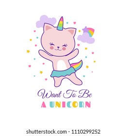 Funny pet white cat unicorn. Cute vector graphics for little girl t-shirts. Animal character unicorn kitten illustration